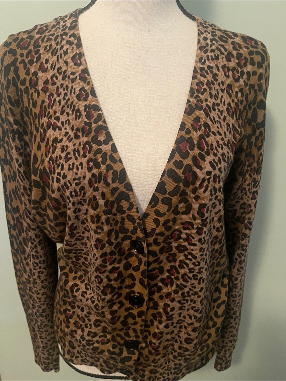 Talbots Leopard Print V-Neck Button Cardigan - Brown with Black & Burgundy Spots